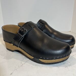 Waltl Womens EU 41 Leather Wooden Buckle Black Slip On Clogs Austria BOHO EUC